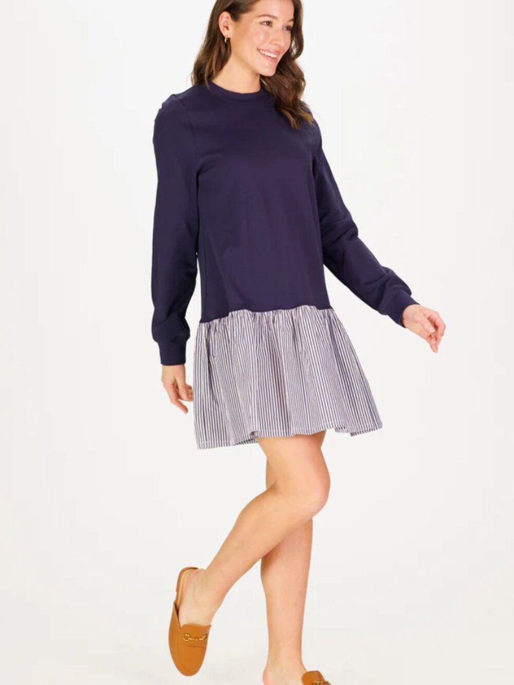 Duffield Lane Marisol Dress Mini Long Sleeve Knit Pullover Striped White Blue Xl